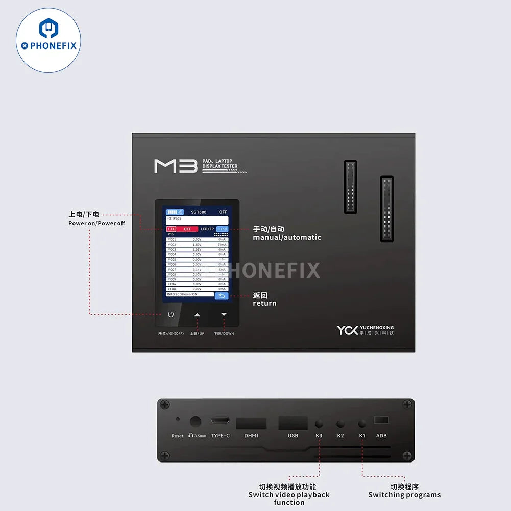 PHONEFIX M3 iPad screen repair tool for testing 3D Touch, display, picture, and video playback on tablet screens.