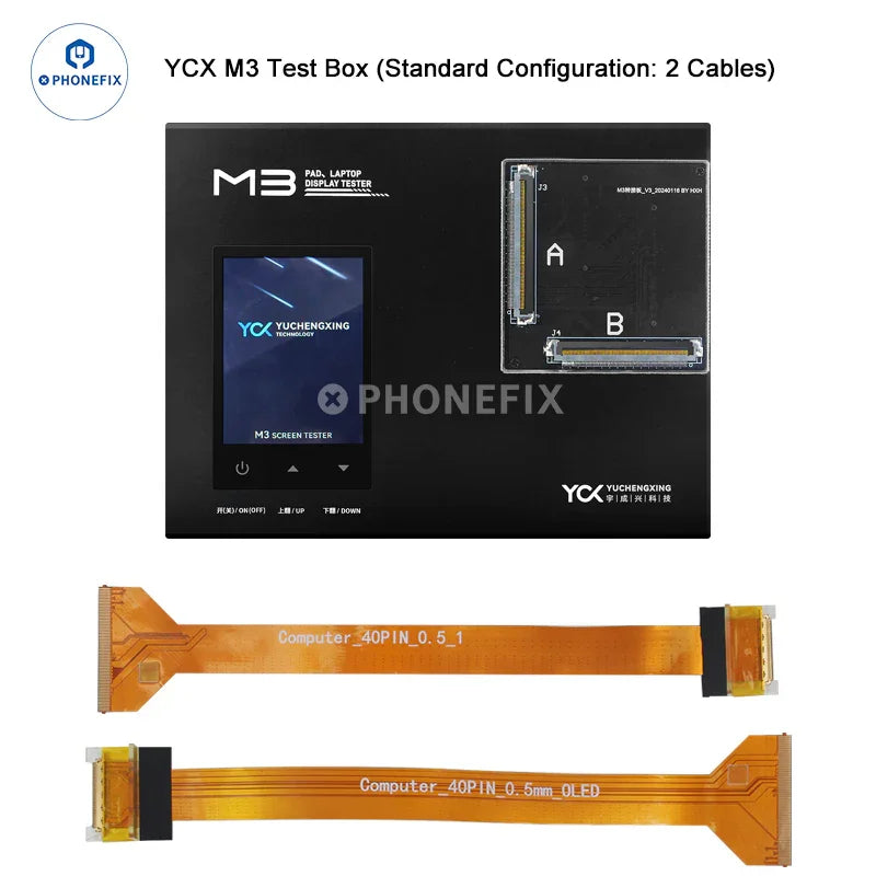 PHONEFIX M3 iPad laptop display tester for screen, 3D touch, picture, and video playback testing, with two FPC connectors.