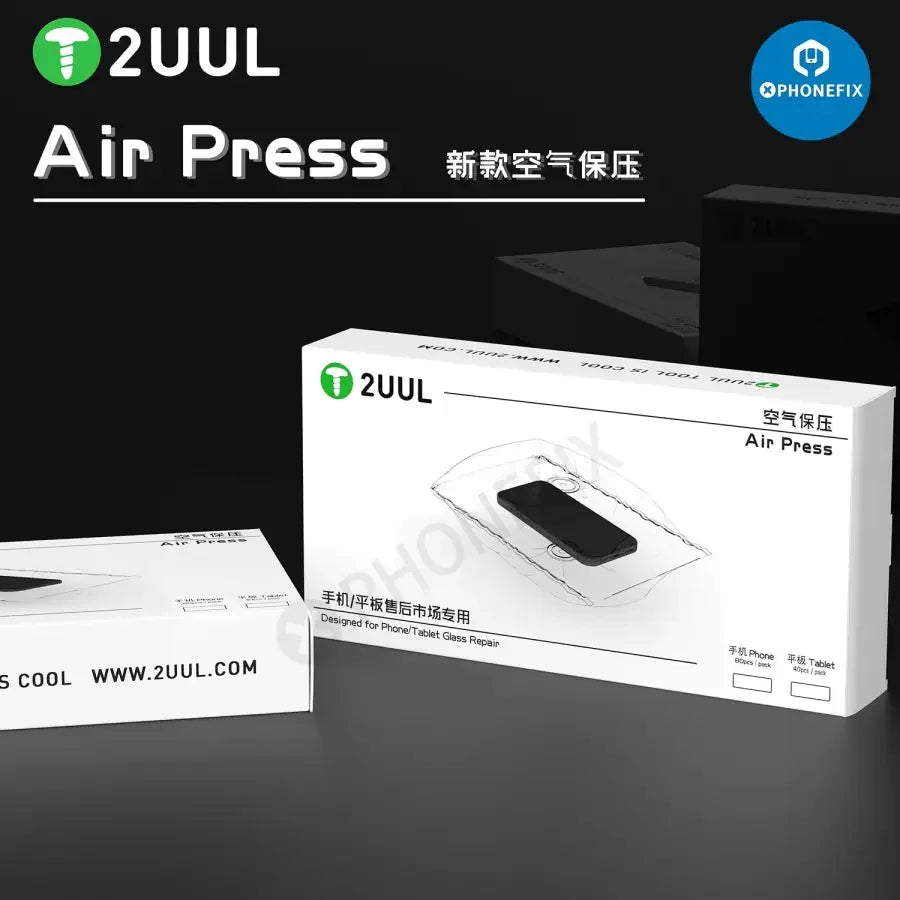 PHONEFIX 2UUL Air Press Bag for phone and tablet glass screen repair protection, shown in use with screen repair tools.
