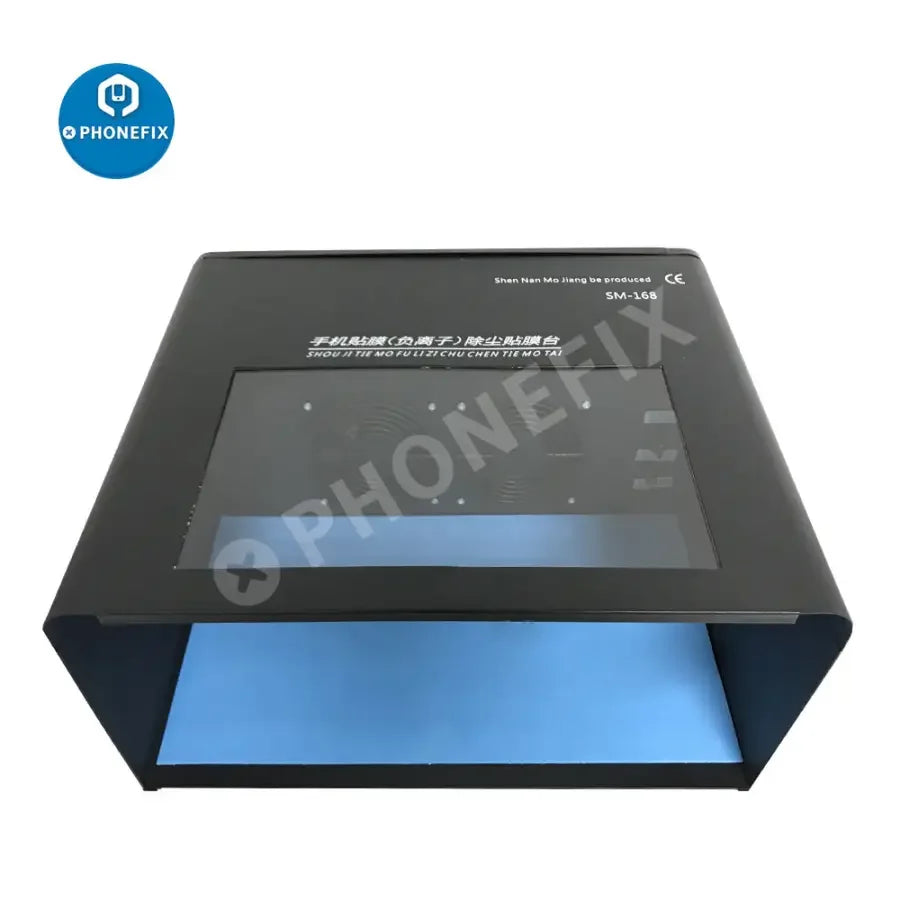 PhoneFix dust-free room work table with UV lamp for LCD screen refurbishing, featuring a clean workspace for screen repairs.