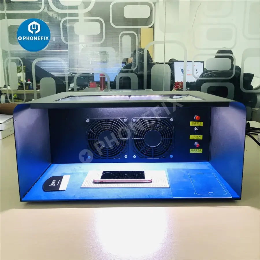 PhoneFix dust-free room work table with UV lamp for LCD screen refurbishing, designed for precise screen repairs.