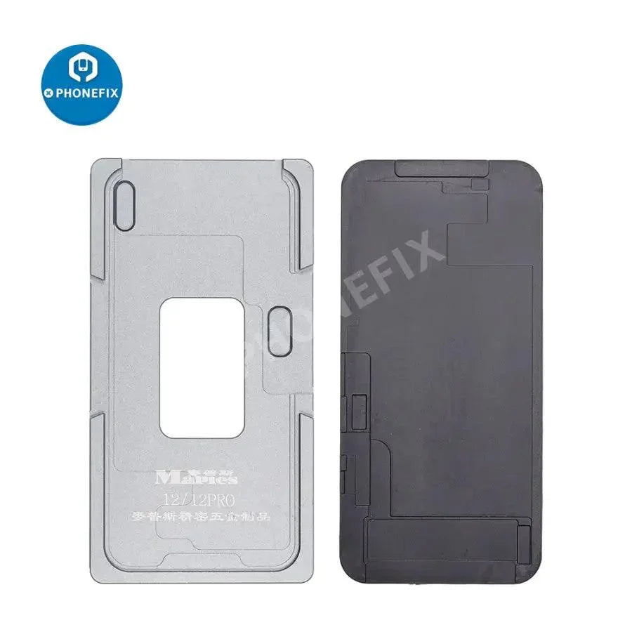 PhoneFix LCD Screen Laminating Metal Mould for iPhone 12 Series, precision positioning tool for screen assembly and repair.