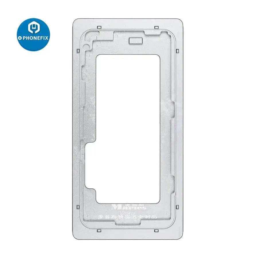 PhoneFix LCD screen laminating precision positioning metal mould for iPhone 12 series, used as a screen tool for accurate assembly.