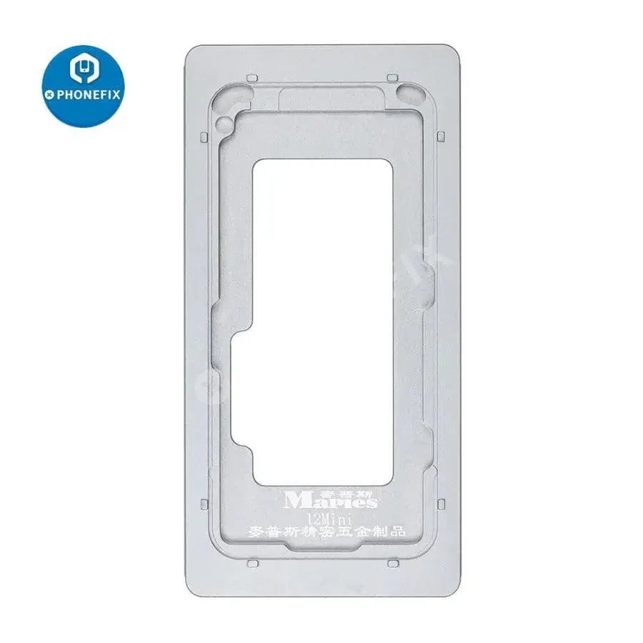 PhoneFix LCD screen laminating metal mould for iPhone 12 series, precision positioning tool for screen assembly and repair.