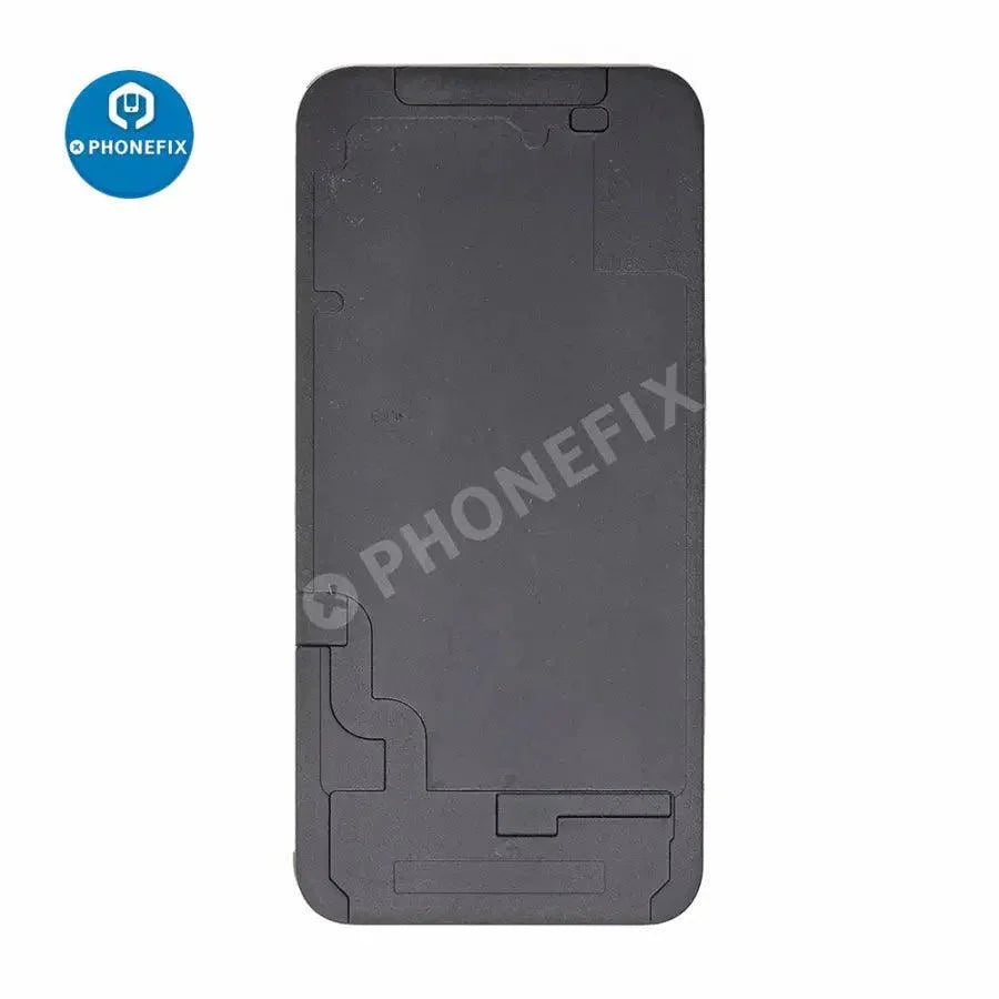 PhoneFix LCD screen laminating precision positioning metal mould for iPhone 12 series, used for screen assembly and repair.