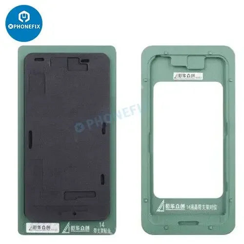 PHONEFIX LCD screen alignment mold with bezel frame for iPhone 14/15/16 Pro Max, used as a screen repair tool.
