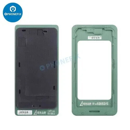PHONEFIX LCD screen alignment mold with bezel frame for iPhone 14/15/16 Pro Max, used for precise screen installation.