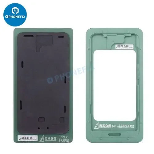 PHONEFIX LCD screen alignment mold with bezel frame for iPhone 14/15/16 Pro Max, used as a precise screen repair tool.