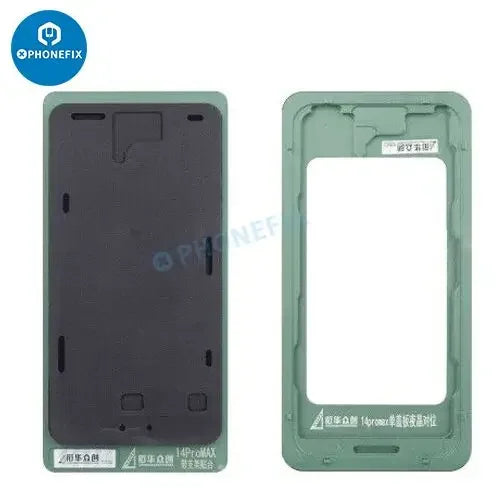PHONEFIX LCD screen alignment mold with bezel frame for iPhone 14/15/16 Pro Max, used as a screen repair tool.
