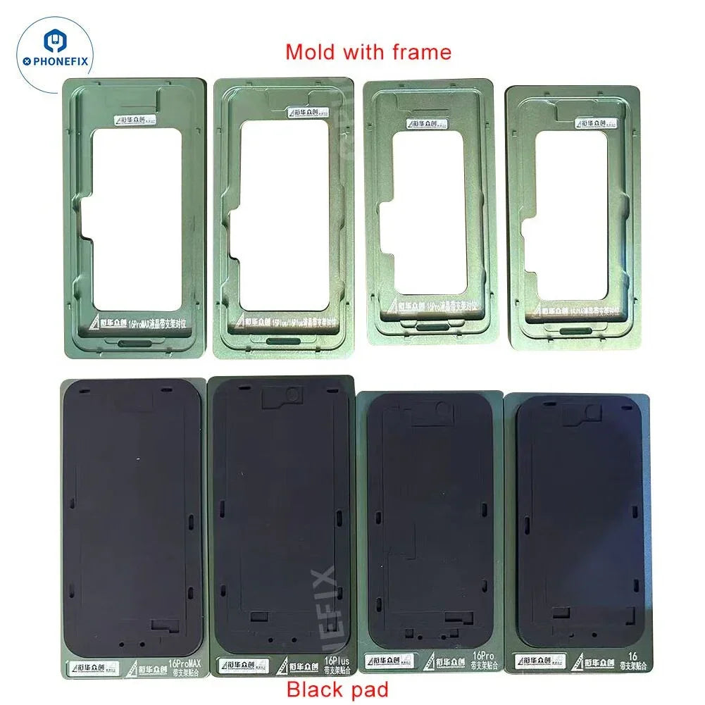 PHONEFIX LCD screen alignment mold with bezel frame for iPhone 14, 15, 16 Pro Max, showing precise tool and frame components.