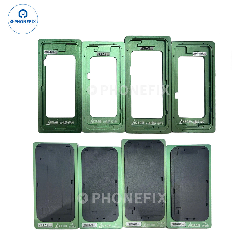Set of 17 LCD screen alignment molds with bezel frames for iPhone 14, 15, and 16 Pro Max by PHONEFIX, used for precise screen installation.