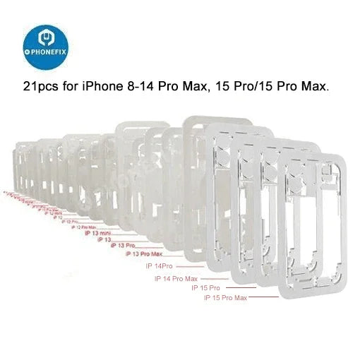 Set of 21 phone screen tool back cover protection molds for laser separation machines, by PHONEFIX, for precise repairs.