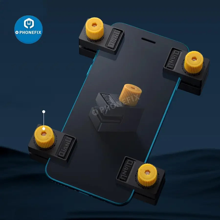 Set of four PHONEFIX Qianli iClamp universal screen clips for phone and tablet repair, used for securing screens during repairs.
