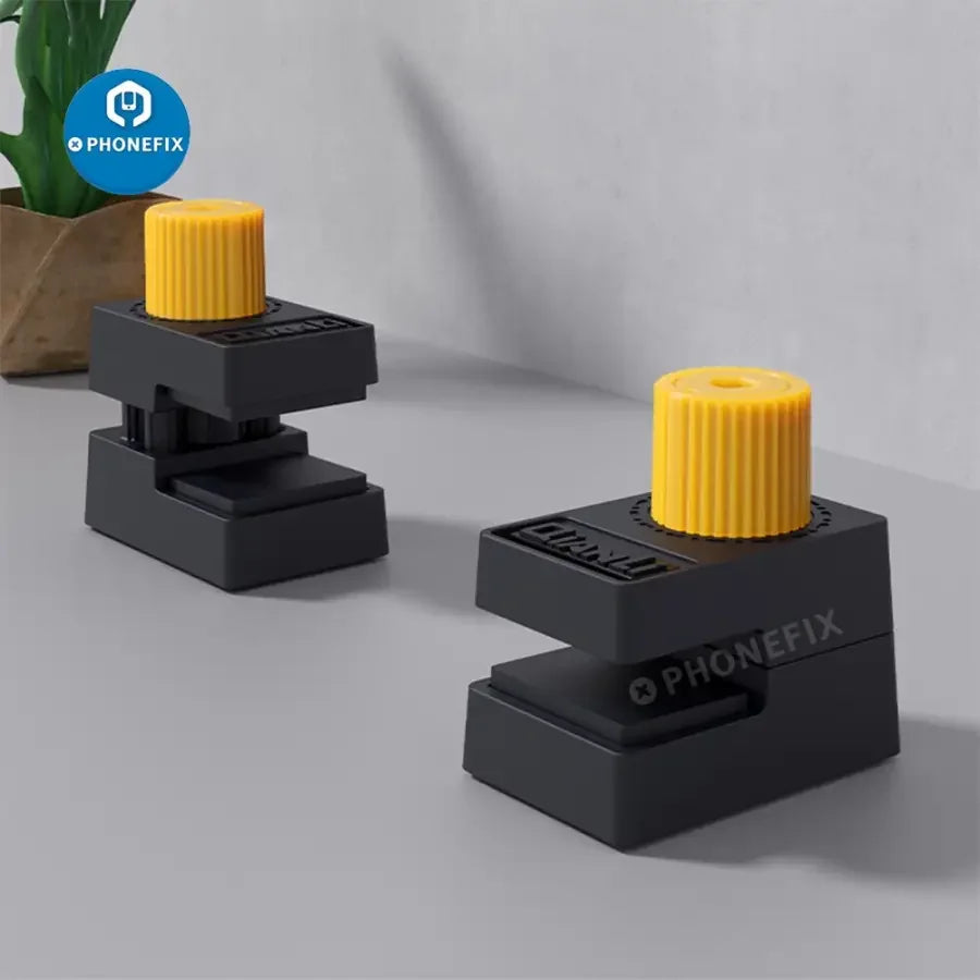 Set of four PHONEFIX Qianli iClamp universal screen clip fixtures for phone and tablet repair, designed for secure screen handling.