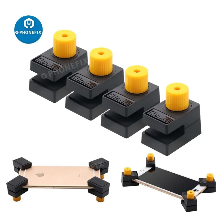 Set of four PHONEFIX Qianli iClamp universal screen clip fixtures for phone and tablet repair, used for securely holding screens during repair.