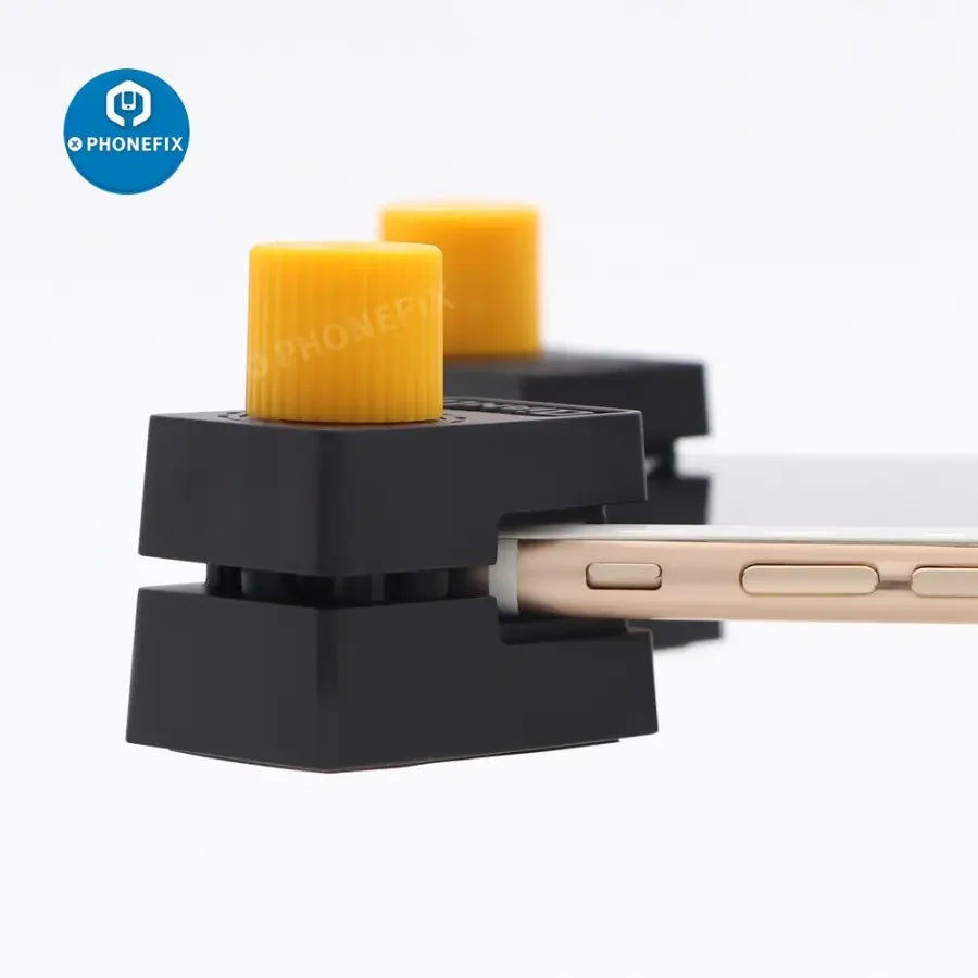 Set of four PHONEFIX Qianli iClamp universal screen clip fixtures for phone and tablet repair, used for holding screens during repair.