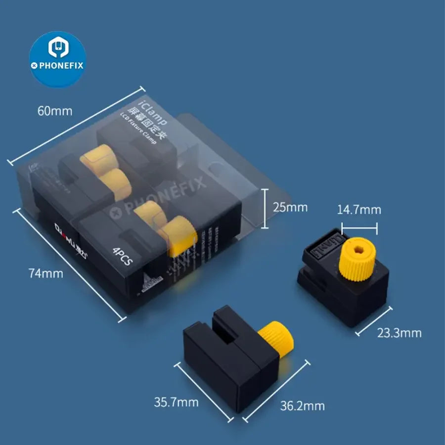 Set of four PHONEFIX Qianli iClamp universal screen clip fixtures for phone and tablet repair, used to hold screens during repair.