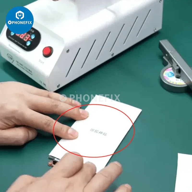 Set of 50 PHONEFIX OCA glue remover stickers for iPhone screen glass cleaning and repair tools.