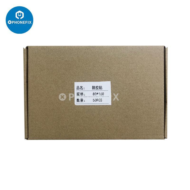 Set of 50 PHONEFIX OCA glue remover stickers for iPhone screen glass cleaning and repair tools.