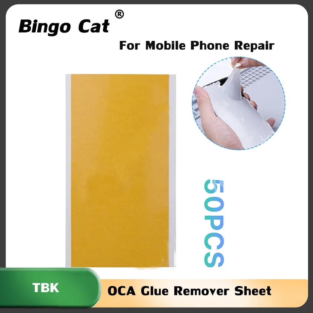 Pack of 50 PHONEFIX OCA glue remover sheets for iPhone screen glass cleaning and repair, compatible with iPhone X to 13 models.