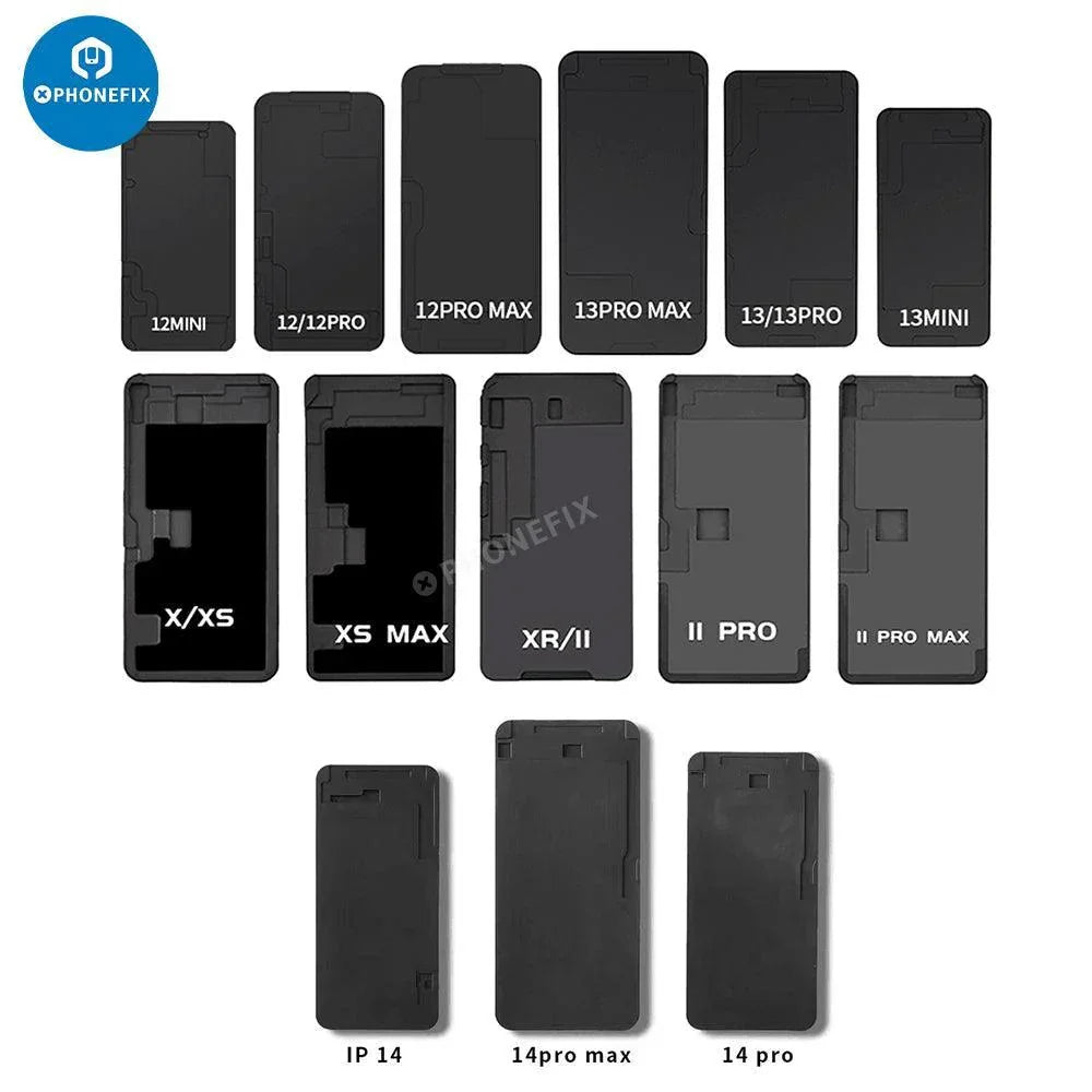 Black silicone mold for iPhone 6 to 16 Pro Max LCD OCA lamination, used as a screen tool by PHONEFIX for phone repair.