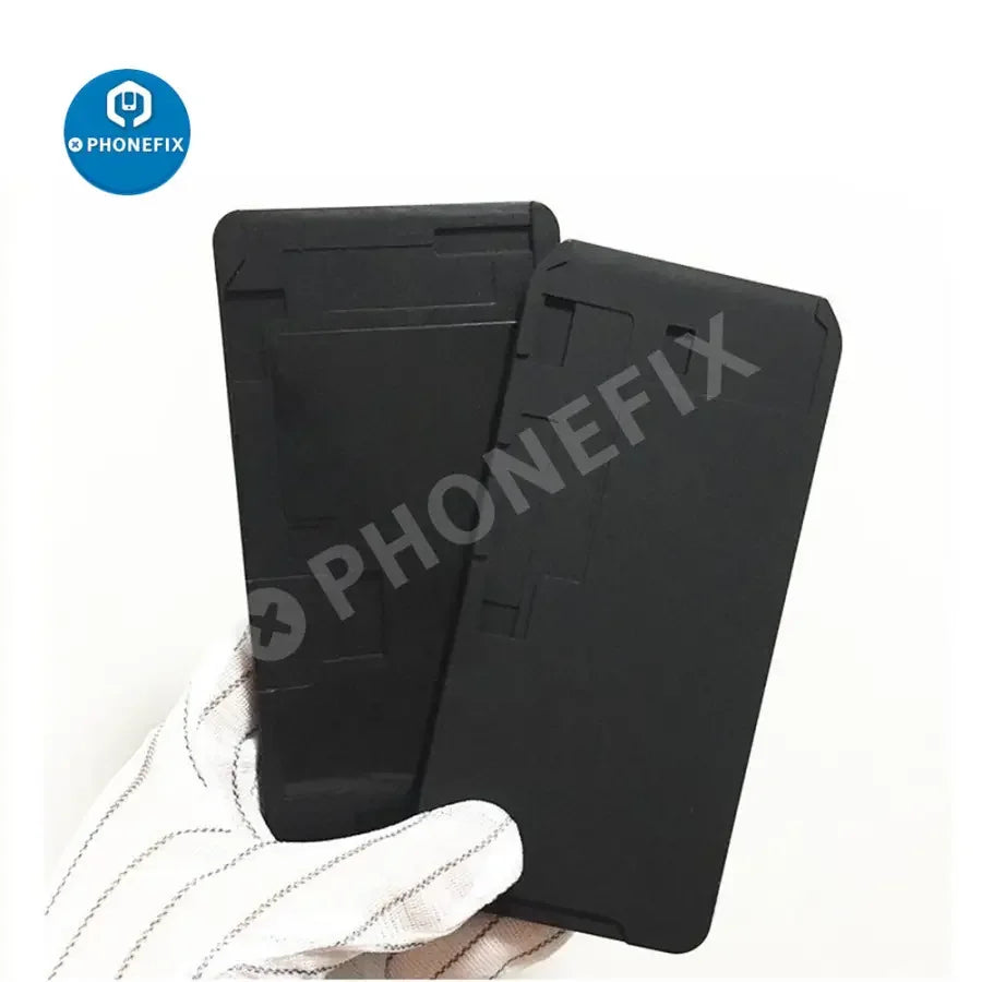 Black silicone mat for iPhone 6-16 Pro Max LCD OCA laminating mold, used as a screen tool by PHONEFIX.