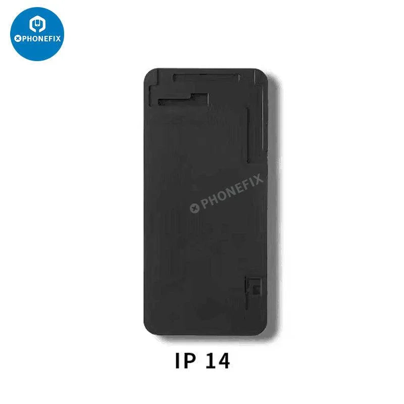 Black silicone laminating mold for iPhone 6 to 14 Pro Max LCD OCA screen tools by PHONEFIX, used for screen assembly and repair.
