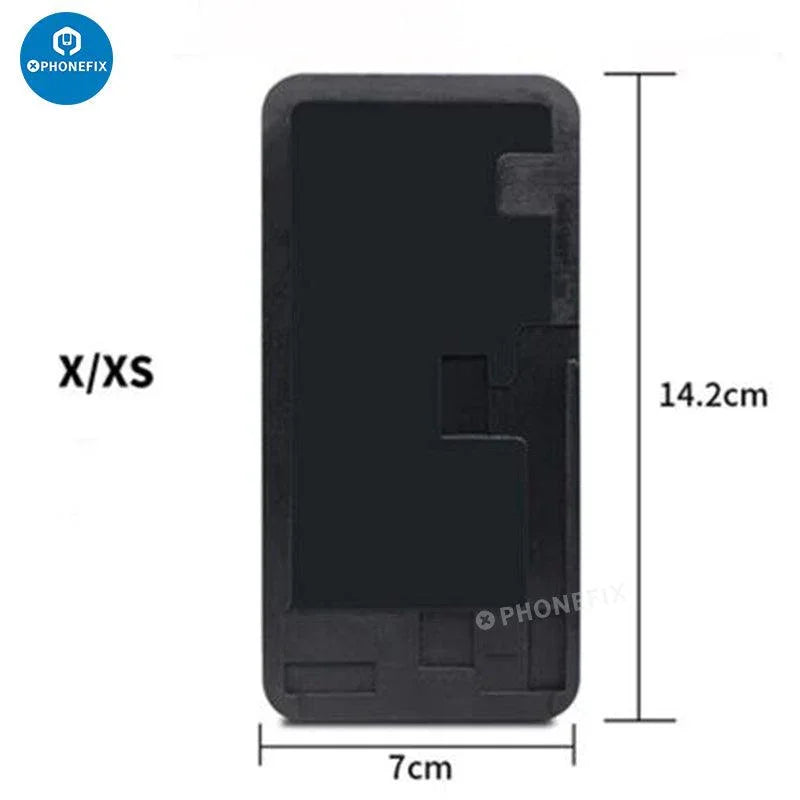 Black silicone laminating mold for iPhone 6 to 14 Pro Max LCD OCA screen repair, designed by PHONEFIX for screen assembly.
