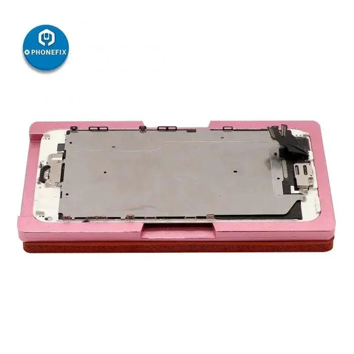 PhoneFIX iPhone 6-13 Pro Max OCA Alignment Mold for screen laminating and repair, blue plastic fixture for precise screen assembly.