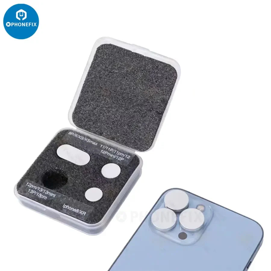 PHONEFIX M-Triangel back camera cover protective case for iPhone 8 to 14 Pro Max, shown on the camera area of the phone.