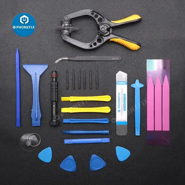 PHONEFIX professional touchscreen opening toolkit for iPhone 5 to 13 Pro Max repair, includes screen removal tools and pry tools.