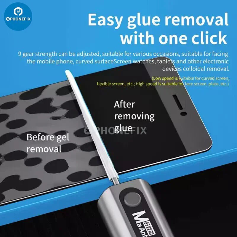 PhoneFix electric glue remover pen for screen cleaning and OCA adhesive removal, compact screen tool for phone repair.