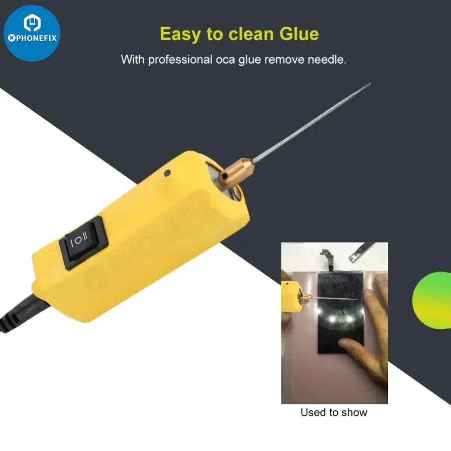PhoneFix electric LCD OCA glue remover machine used for phone screen repair, with digital controls and compact design.