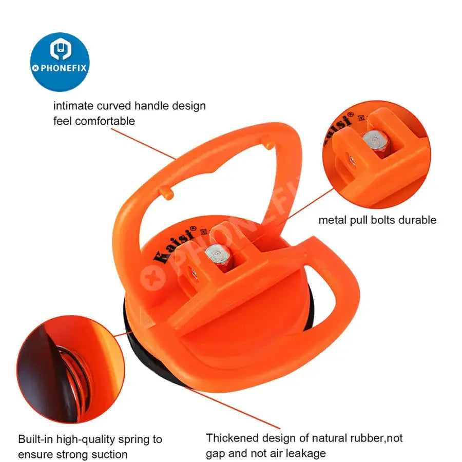 PhoneFix 11-in-1 suction cup kit with LCD screen opening tools for phone and tablet repair, including various suction cups and pry tools.