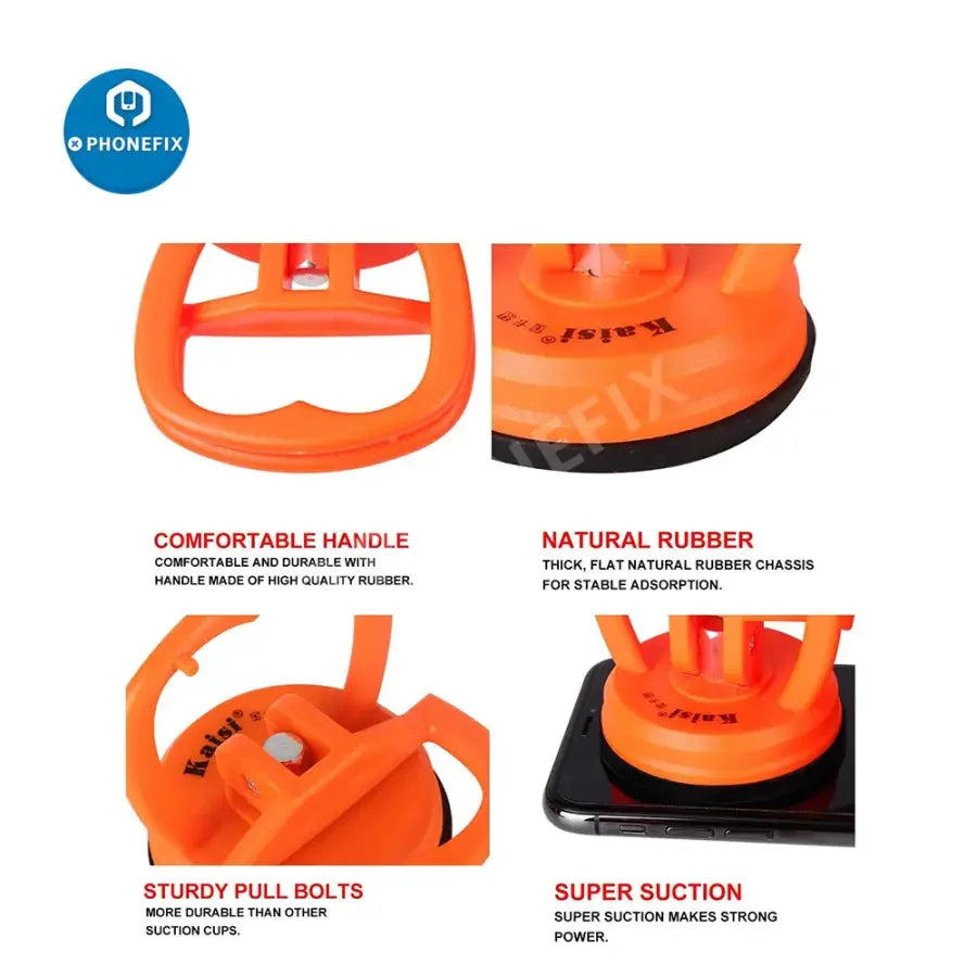 PHONEFIX 11-in-1 suction cup kit with LCD screen opening tools for phone and tablet repair, including various pry and lifting tools.