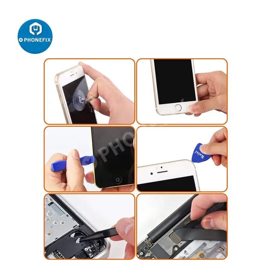 PhoneFix 11-in-1 suction cup kit with LCD screen opening tools for phone and tablet repair, featuring various tools for screen removal.