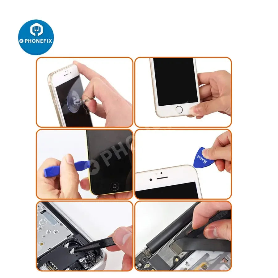 PHONEFIX 11-in-1 suction cup kit for LCD screen opening, phone and tablet repair tools with durable suction cups and pry tools.