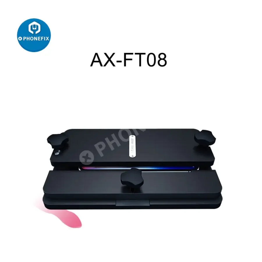 AIXUN AX-FT08 multi-function fixture for phone back cover glass repair, used with PHONEFIX screen tools for precise back cover work.