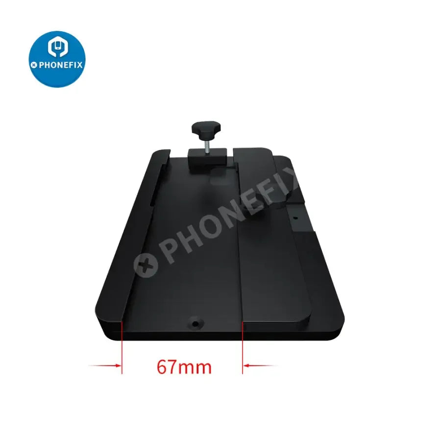 AIXUN AX-FT08 multi-function fixture for PHONEFIX, used for phone back cover glass repair, shown with screen tool components.
