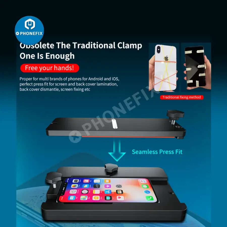 AIXUN AX-FT08 multi-function fixture by PHONEFIX for phone back cover glass repair, shown holding a smartphone with repair tools.