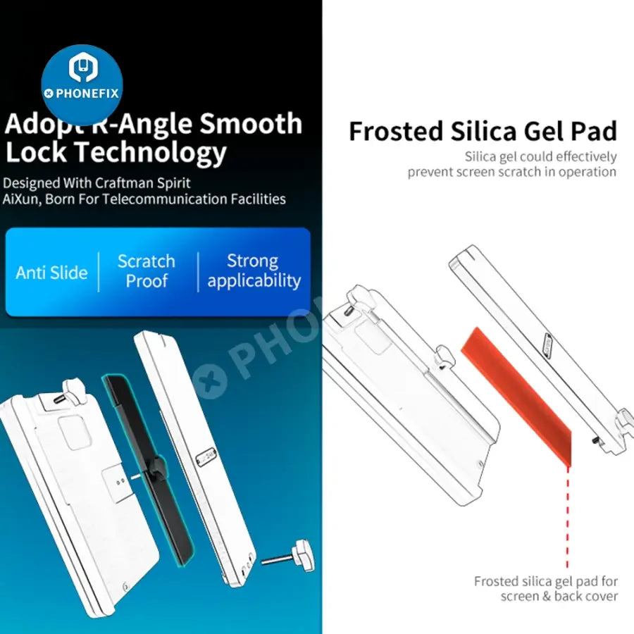 PHONEFIX AIXUN AX-FT08 multi-function fixture for phone back cover glass repair, shown with tools for screen and glass replacement.