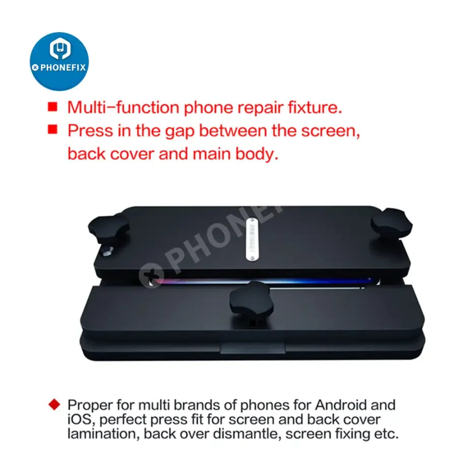 PHONEFIX AIXUN AX-FT08 multi-function fixture for phone back cover glass repair, shown on a workbench with repair tools