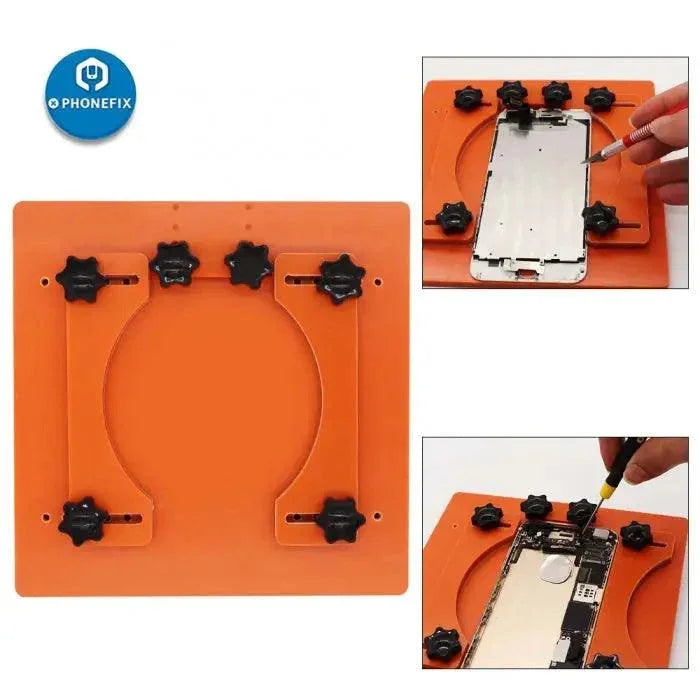 PHONEFIX back cover glass separating fixture for iPhone 8 to 15 Pro Max, used as a screen repair tool for iPhone models.