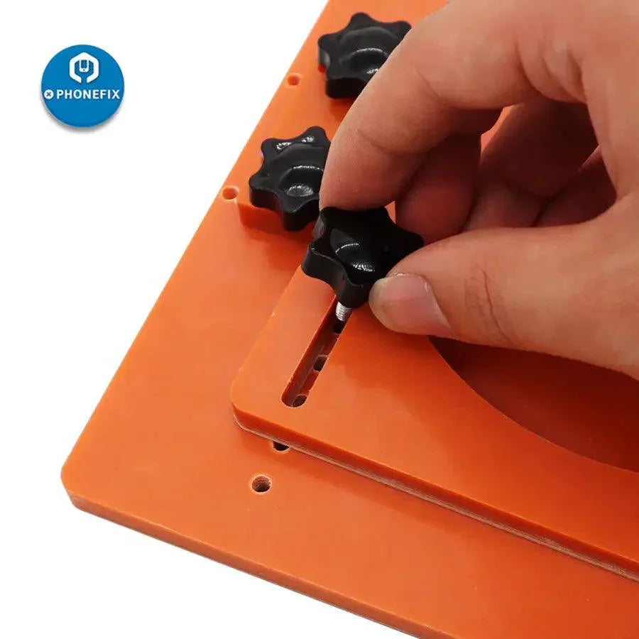 PhoneFix back cover glass separating fixture for iPhone 8 to 15 Pro Max, used as a screen repair tool for iPhones.