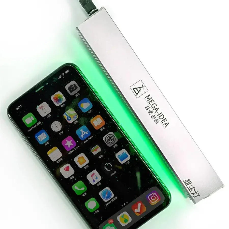 PhoneFix Mega-Idea ISee Dust Detection Lamp for phone screen cleaning, showcasing the device and its illuminated dust detection feature.