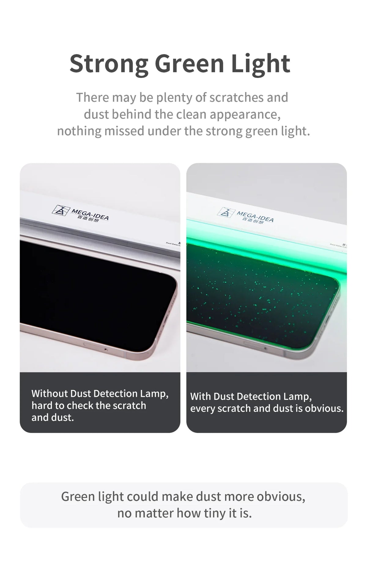 PHONEFIX MEGA-IDEA ISee Dust Detection Lamp for phone screen cleaning, showcasing the screen tools with dust detection feature.