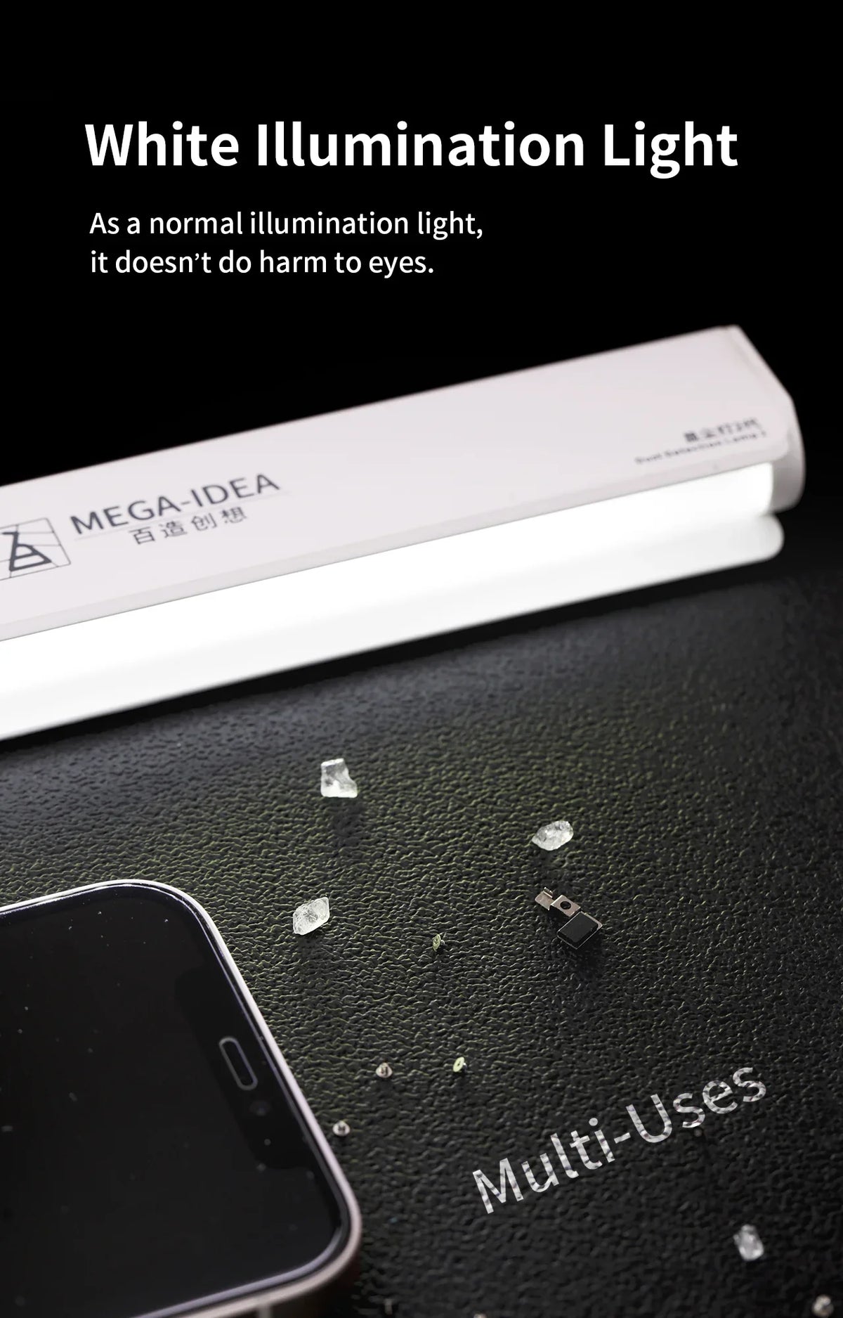 PhoneFix MEGA-IDEA ISee Dust Detection Lamp for phone screen cleaning, showing the tool with dust detection features.