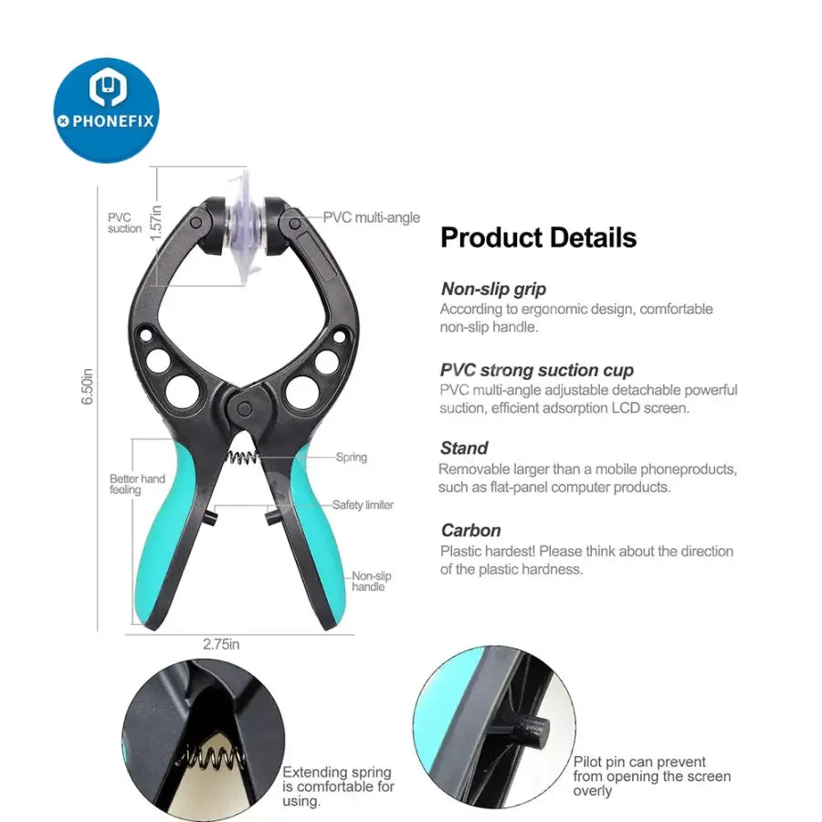 PHONEFIX suction cup pliers repair toolkit for LCD screen opening, includes tools for phone screen repair and removal.