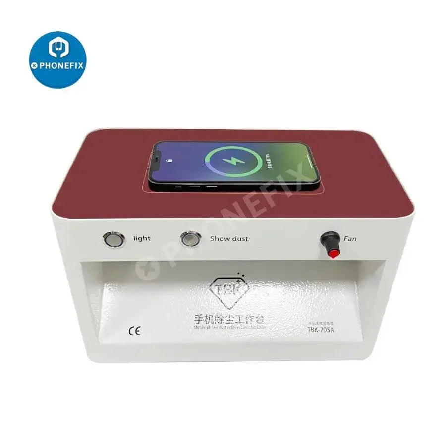 PHONEFIX TBK-705A phone dust removal and LED scratch crack detection cleaning bench with screen tools for phone repair.