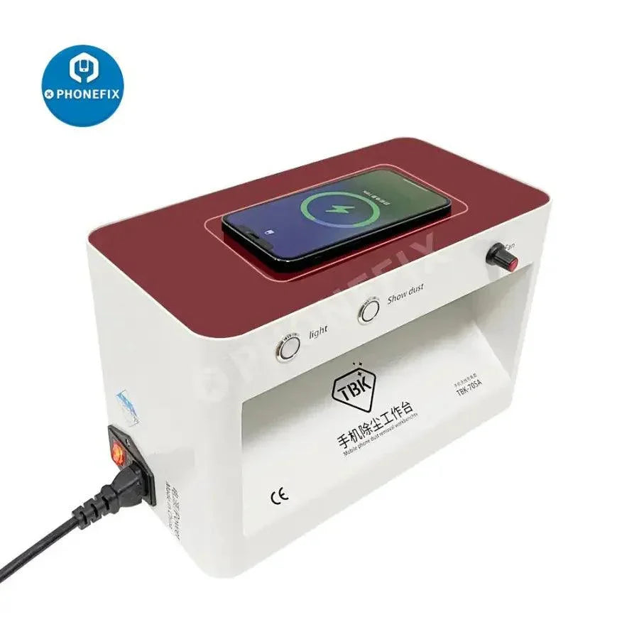 PhoneFix TBK-705A phone dust removal and LED scratch crack detection cleaning bench with screen tools for smartphone repair.